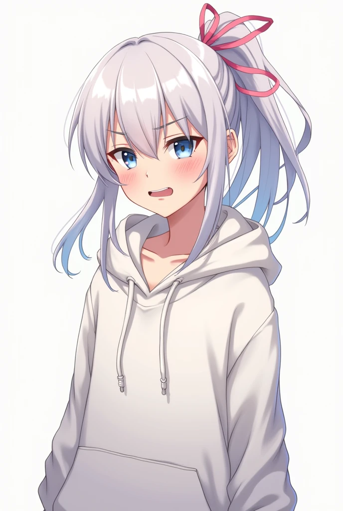 White hair, angry face, girl, long hair, hair tied with a pink ribbon, light blue eyes, D cup chest, white baggy hoodie, little sister personality, anime