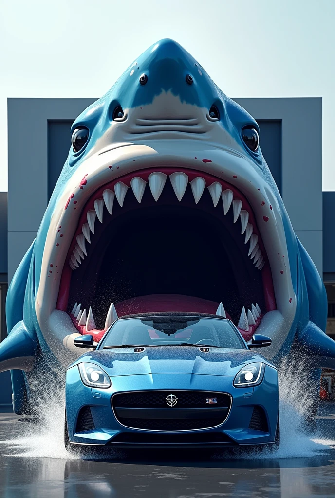 A car wash company with a shark with its mouth open as a front