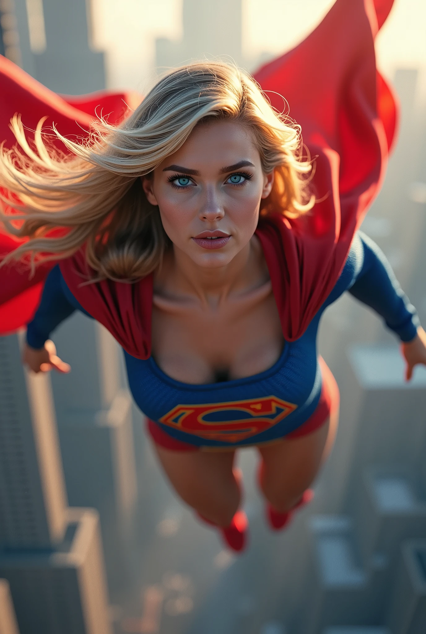 a pawg supergirl, superhero, beautiful girl, muscular female body, blonde hair, blue eyes, red and blue costume, flying, cape, detailed face, sharp jawline, detailed muscles, realistic skin, dramatic lighting, cinematic angle, volumetric lighting, cinematic composition, vibrant colors, hyper detailed, 8k, photo-realistic, masterpiece