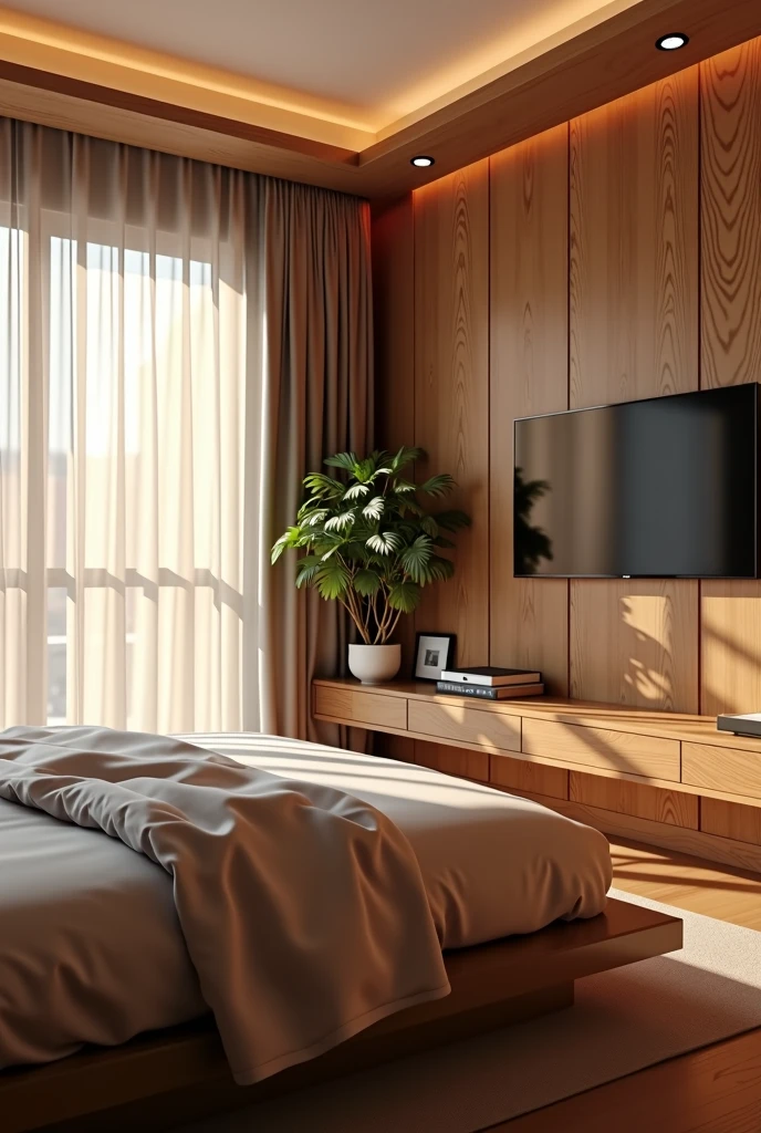there is a bed with a wooden headboard and a TV on the wall, Room, serene and peaceful style, Ambiente sereno de Room, interior do Room, luxurious environment, realistic physics rendering, luz natural no Room, modern and minimalist, warm ambient light, Soft lighting color scheme, warm interiors, warm interior, interior design