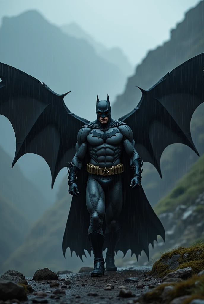 batman with black wings walking towards camera on a rainy day with black fog background of mountain real clearity hd