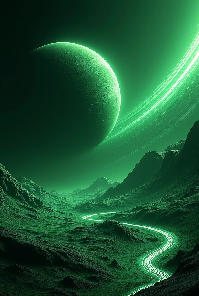 A Pluto-like planet, only green, just the planet in space with a bunch of lines passing behind it from the upper right corner to the lower left corner and below in front a bunch of lines from the lower right side to the lower left side. 