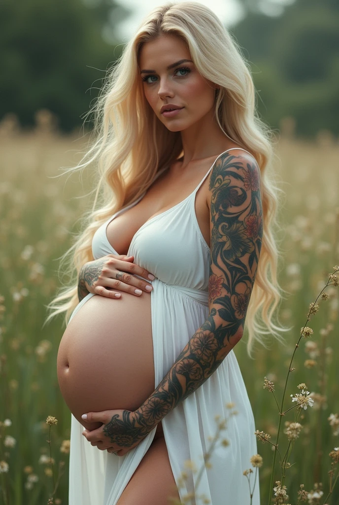 A beautiful blonde woman with long straight hair,with very realistic blue eyes and tattoos on his arms, with big breasts , very beautiful body and 1 month pregnant in a white dress