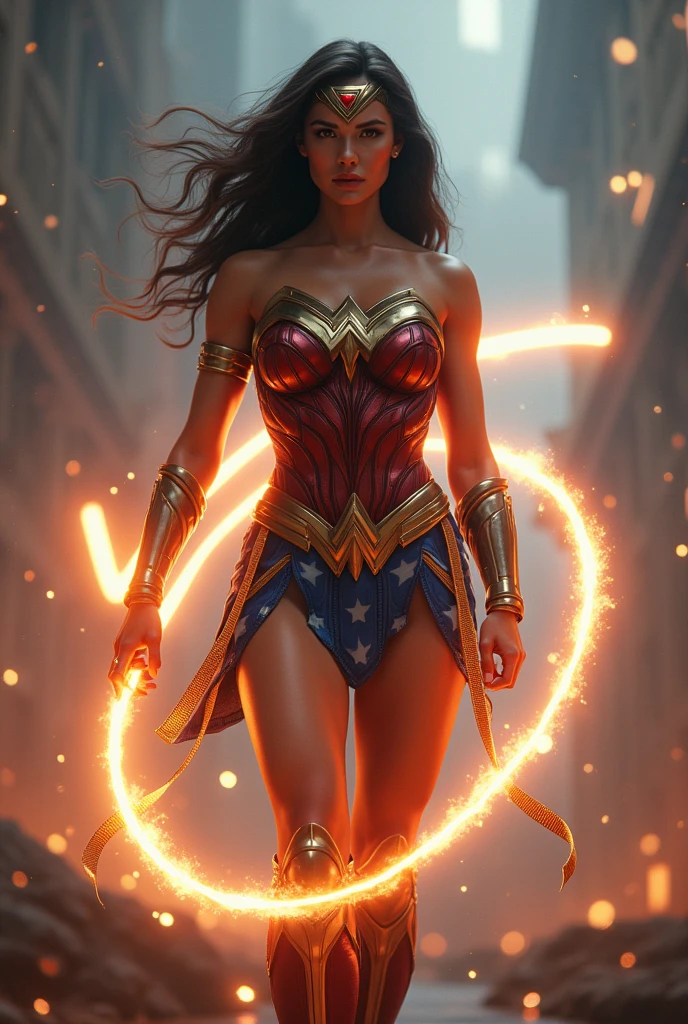 Wonder Woman with her glowing Lasso of Truth, photo-realistic, octane render, unreal engine, ultra-realistic
