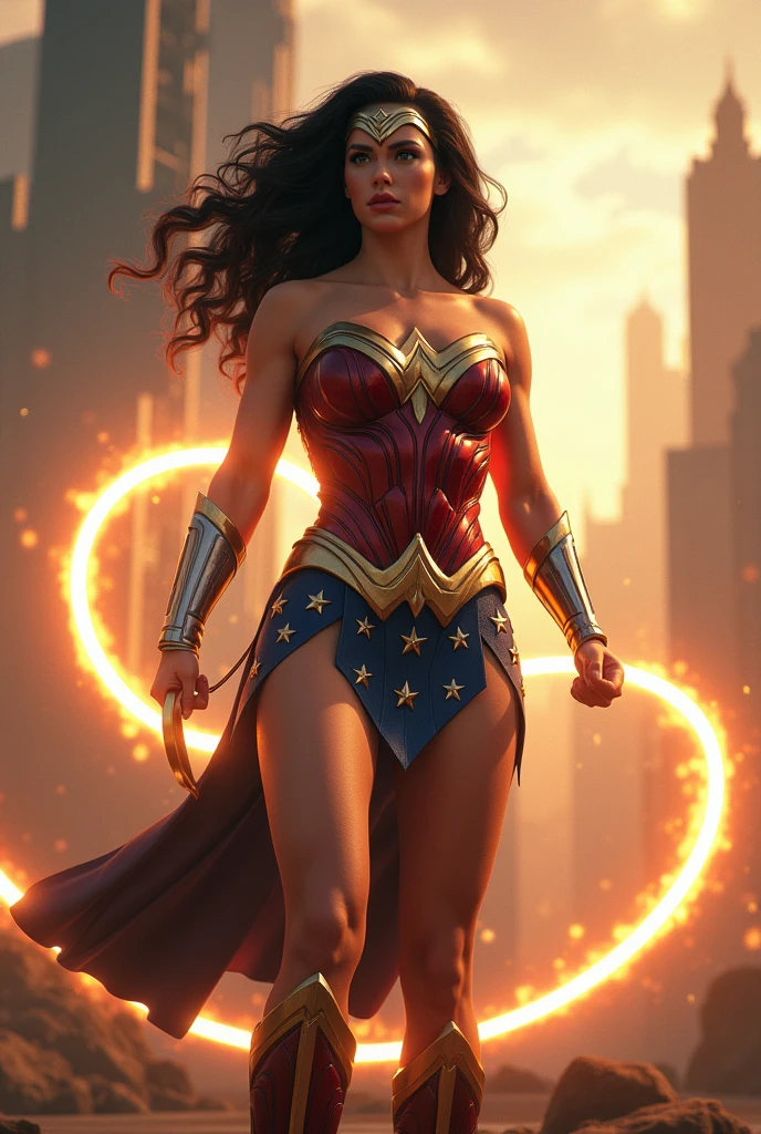 Wonder Woman with her glowing Lasso of Truth, photo-realistic, octane render, unreal engine, ultra-realistic