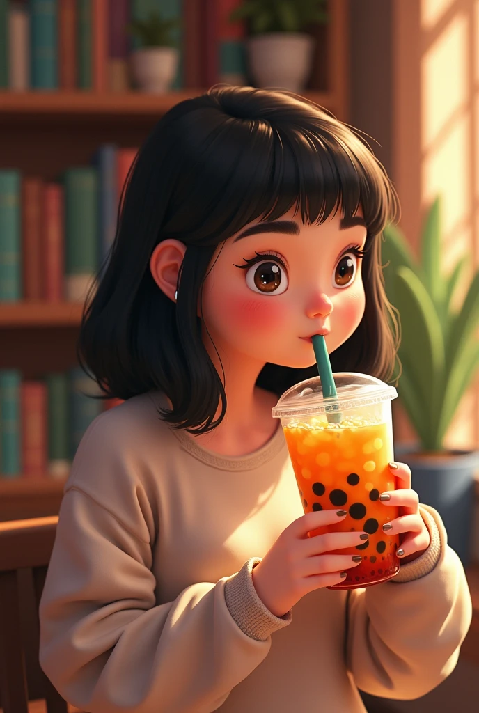 Create an image of chubby latina woman with shoulder length hair with bangs sipping boba tea in cute Library in background with side profile 