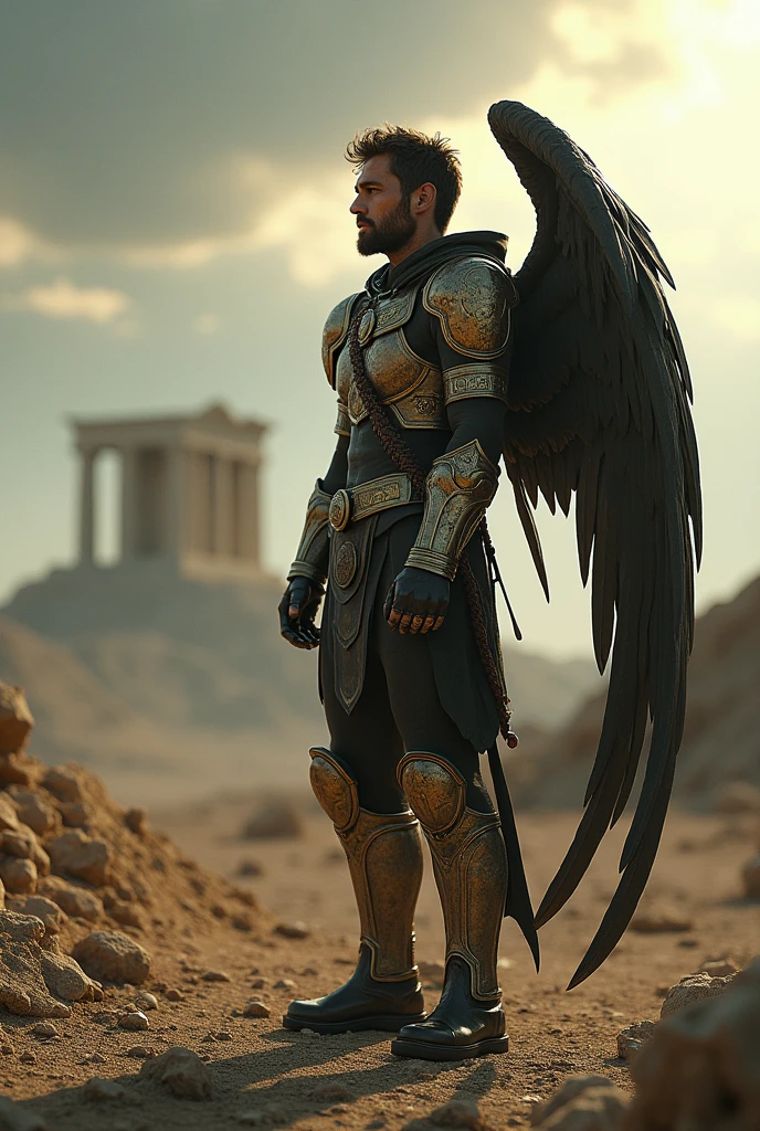 photorealistic, Create a cinematic, filmic image of [post nuclear wasteland] in [fallout style], with [detailed linework], [dynamic shading], and [rich colors]. Show [ male face, SagittariusArmor, armor, golden armor, wings, helmet, long metal wings, long golden wings] the [ 1 man wastelander] and him [full body] holding an arc, and [fluid body movements], and close attention paid to [costume design] and [background details]. The art style should capture the [post-apocalyptic setting] of the image. Create an [ultra-realistic], [high-resolution] image of the man [standing]. He is looking out at a [barren wasteland] before the storm, still shining brightly in the sky, but in the distance, the sky is a [dark and foreboding shade of blue], hinting at an impending storm. The image should be captured in [natural light], with [soft shadows] that highlight him, and [colors] that are [raw] and [vibrant], showcasing the [rugged and gritty] elements of the character while remaining grounded in a sense of [realism]. Aim for a [photorealistic] portrayal that captures the [essence] of him character, with [intricate details] that capture every nuance of him form. The overall mood of the image should be [post nuclear], [post-apocalyptic], with a sense of [melancholy], [loneliness], and [desolation], showing the complete scene with him [full body]. Please generate a [single], [realistic size] [Greek temple]. The image of Greek temple should be a single, full-size Greek temple, without any duplicates or miniature versions. Detailed face.