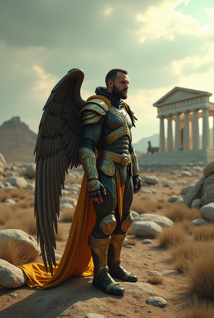 photorealistic, Create a cinematic, filmic image of [post nuclear wasteland] in [fallout style], with [detailed linework], [dynamic shading], and [rich colors]. Show [ male face, SagittariusArmor, armor, golden armor, wings, helmet, long metal wings, long golden wings] the [ 1 man wastelander] and him [full body] holding an arc, and [fluid body movements], and close attention paid to [costume design] and [background details]. The art style should capture the [post-apocalyptic setting] of the image. Create an [ultra-realistic], [high-resolution] image of the man [standing]. He is looking out at a [barren wasteland] before the storm, still shining brightly in the sky, but in the distance, the sky is a [dark and foreboding shade of blue], hinting at an impending storm. The image should be captured in [natural light], with [soft shadows] that highlight him, and [colors] that are [raw] and [vibrant], showcasing the [rugged and gritty] elements of the character while remaining grounded in a sense of [realism]. Aim for a [photorealistic] portrayal that captures the [essence] of him character, with [intricate details] that capture every nuance of him form. The overall mood of the image should be [post nuclear], [post-apocalyptic], with a sense of [melancholy], [loneliness], and [desolation], showing the complete scene with him [full body]. Please generate a [single], [realistic size] [Greek temple]. The image of Greek temple should be a single, full-size Greek temple, without any duplicates or miniature versions. Detailed face.