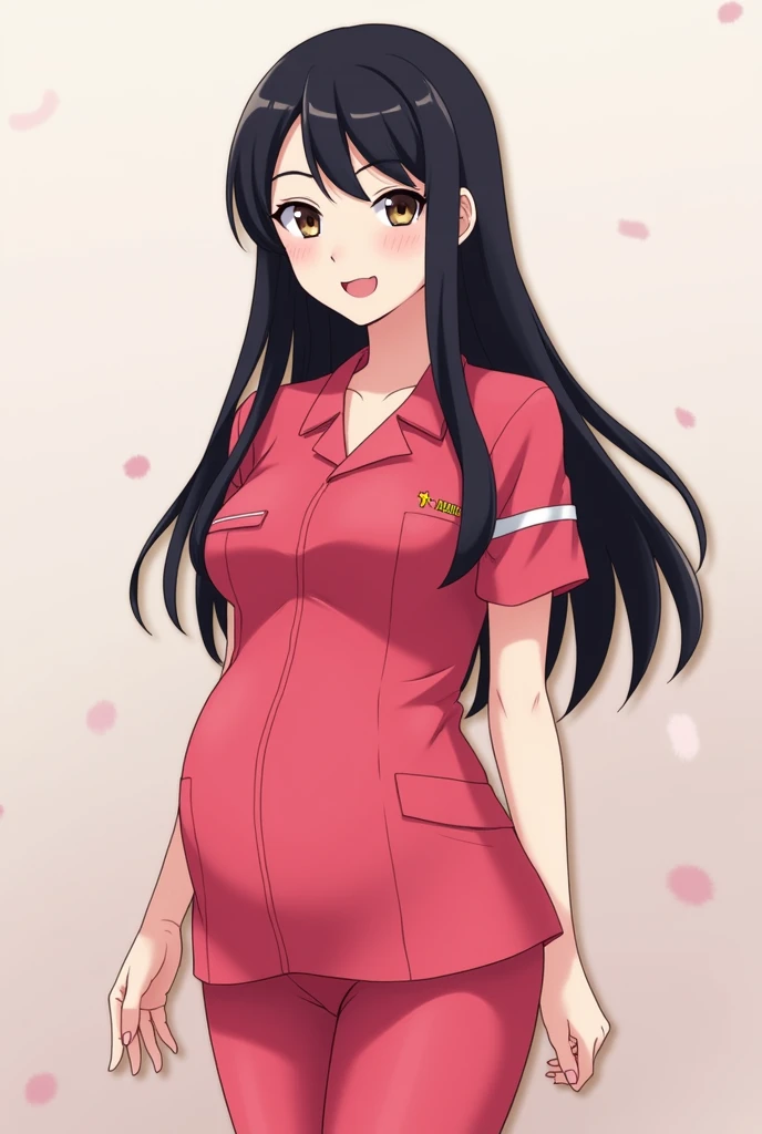 Animated drawing of female obstetrician in cherry uniform, long black hair, flat stomach, don't anime