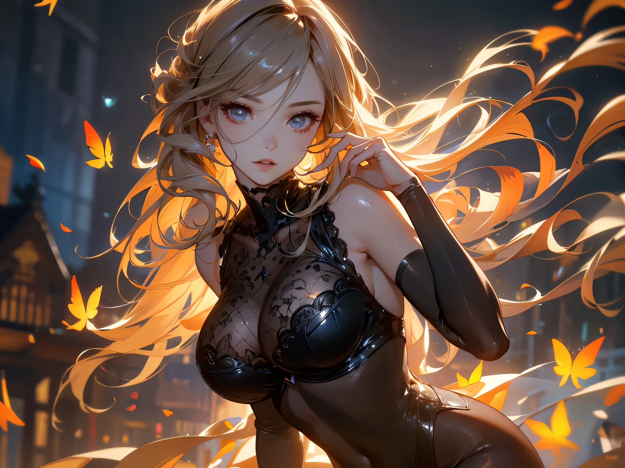 a beautiful woman with long legs, standing in a garden with falling leaves and petals, wearing a sheer bodysuit, fishnet stockings, and a sexy pose, 1girl, beautiful detailed eyes, beautiful detailed lips, extremely detailed face and body, long curly hair, (best quality,4k,8k,highres,masterpiece:1.2),ultra-detailed,(realistic,photorealistic,photo-realistic:1.37),HDR,UHD,studio lighting,ultra-fine painting,sharp focus,physically-based rendering,extreme detail description,professional,vivid colors,bokeh,portrait