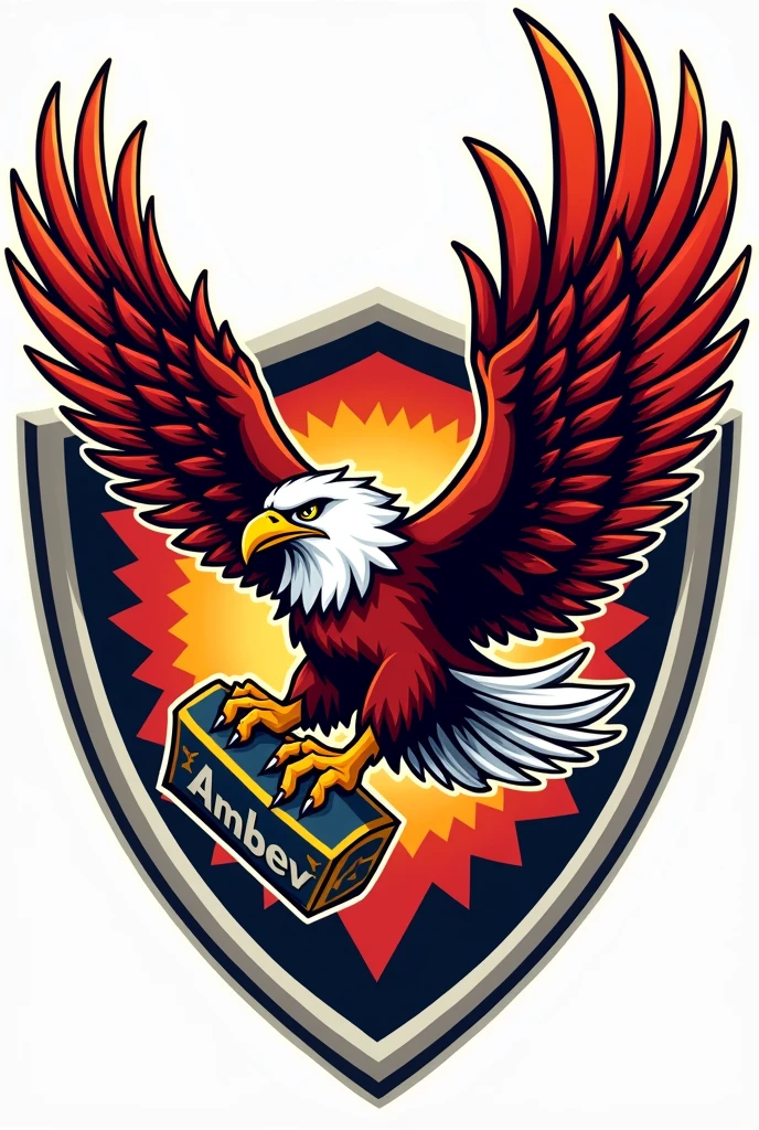 Generate a cartoon image of a flying eagle, inside a shield with the tips of its wings facing outwards with a box of AmBev beer in its claws for use as a team symbol