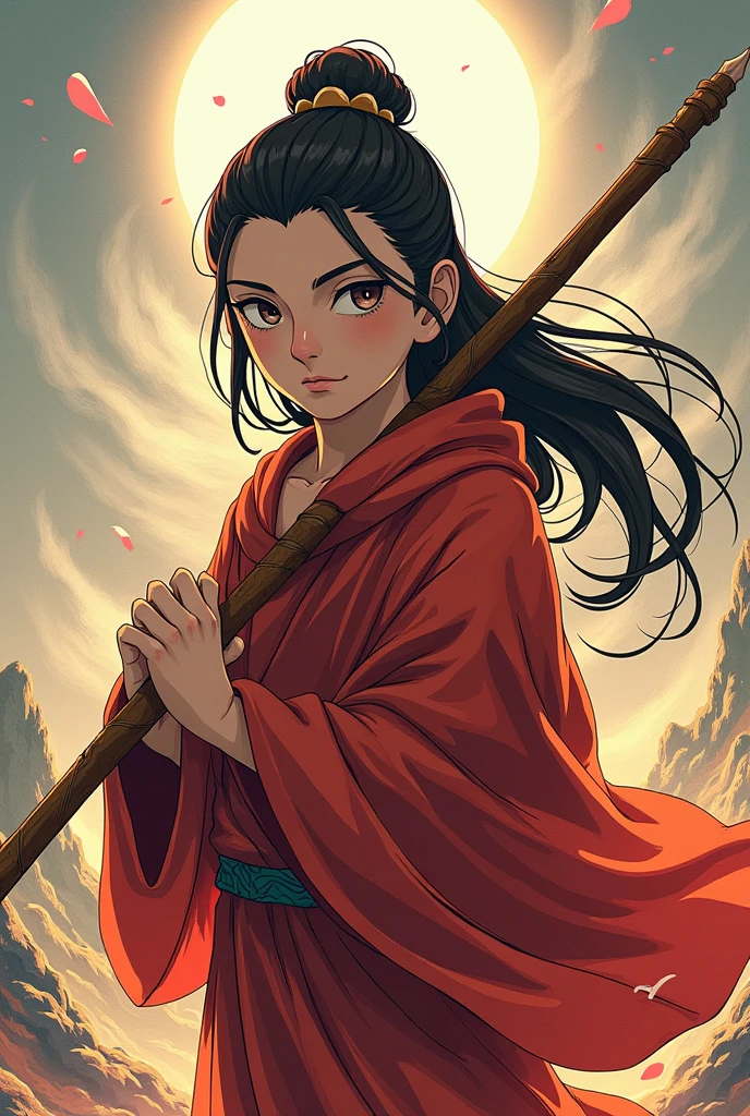 I am Rebel Buddha, TEXT SAYING 'I AM REBEL BUDDHA"', webnovel anime cover style, young buddh, long hair and staff, I AM REBEL BUDDHA, 'I AM REBEL BUDDHA', title saying 'I AM REBEL BUDDHA', covering saying I AM REBEL BUDDHA