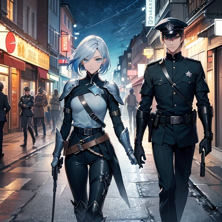 Anime Style, Character Design, HD, Best Quality, Masterpiece, High Details, High resolution, fantasy, carefully detailed, no deformities, character alone.
{{(1character: a 2 young man police officer:(pale skin, short black hair, he stands 1,88 meters tall, slender body complexion, green eyes, short nose, thin lips,),(blue cuirass, blue shoulder pads, grey police shirt, black gloves, blue belt, , grey pants, blue helmet with a four pointed star in the top, short silver shotgun in both hands),(kind smile, walking on guard pose ever vigilant, holding his shotgun with both hands),(night time, dark night sky, highly iluminated street, norway fantasy city version, colorful houses, colorful shops, colorful floor))}}