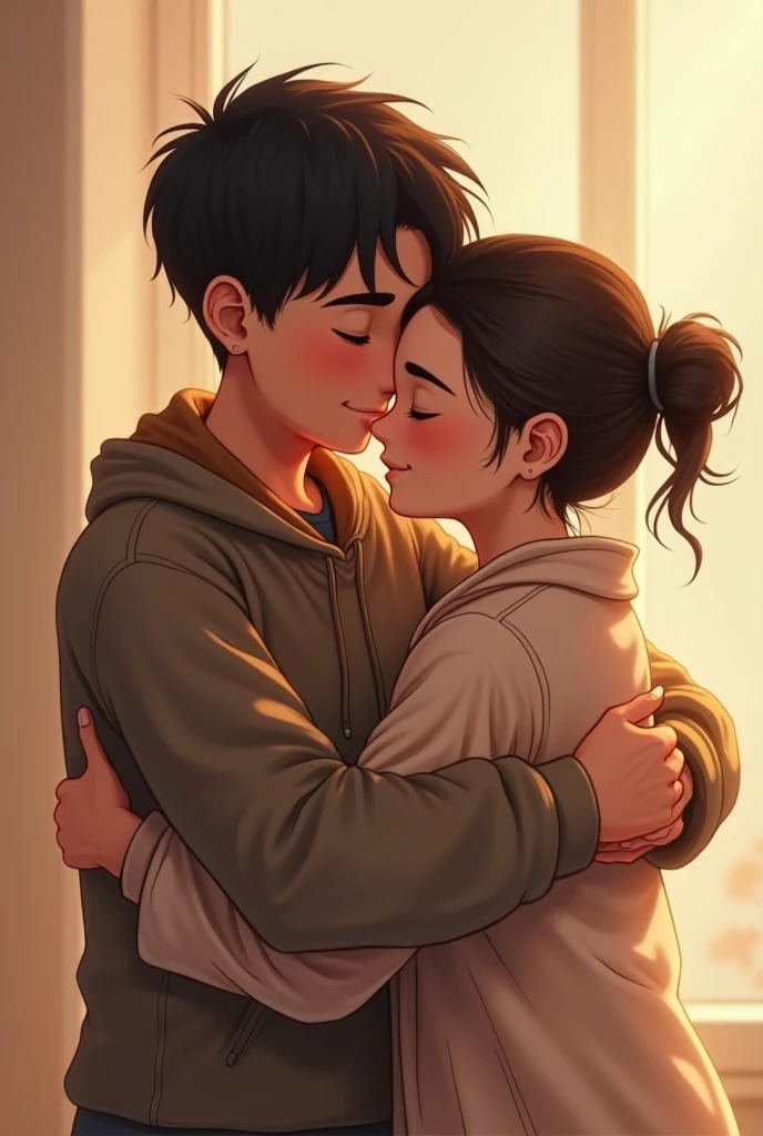 a son and a mother lovingly embraced