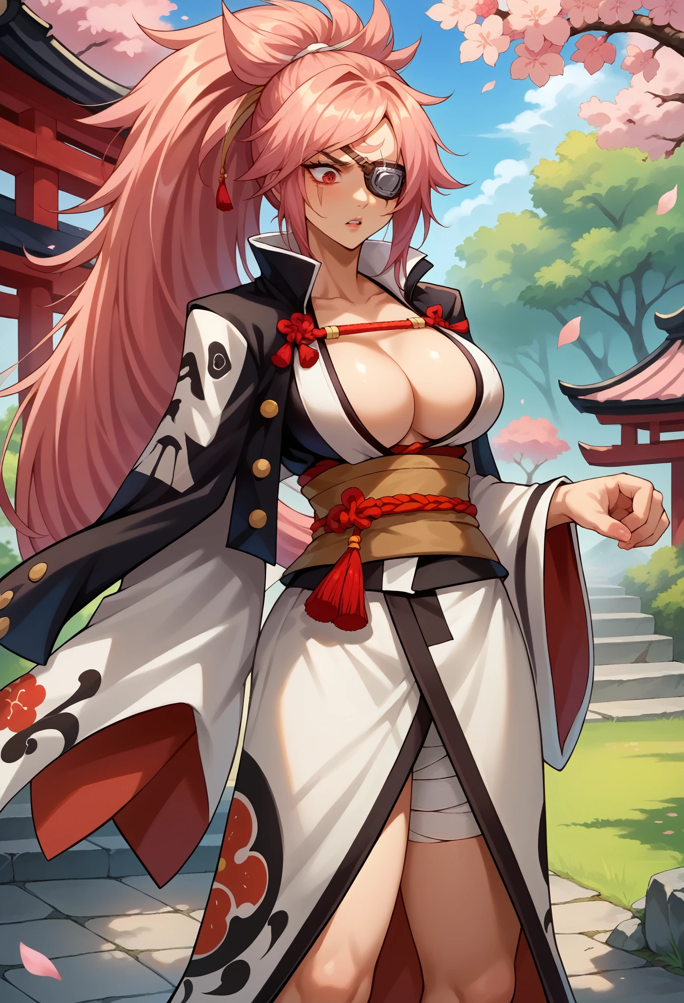 score_9, score_8_up, score_7_up, source_anime, 1girl, solo, BaikenGGXL, scar on eye, scar across eye, eyepatch, red eye, pink hair, long ponytail, big breasts, (right arm amputee), cleavage, kimono, multicolored kimono, brown sash, red rope, rope belt, bandages, standing, surprised face, shaking, looking down, japanese garden, cherry blossom,
