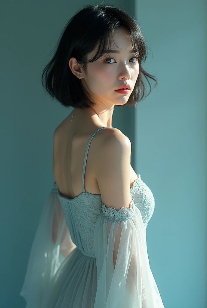 (photorealism:1.2), beautiful woman,intricate details, cool colors, short straight hair, blue eyes, standing, hourglass figure, wearing tank top and shorts, Asian beauty, unreal beauty, long slim legs, small waist,