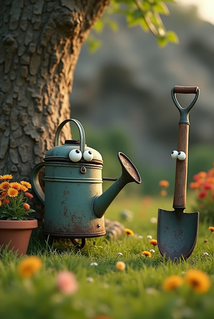 A photo of old, tree watering container with eyes standing and staring. The tree watering can are placed on a greeny ground. There are shovel with eyes standing and staring, a pot of flowers The background is blurred, showing a rocky terrain. The lighting is soft.