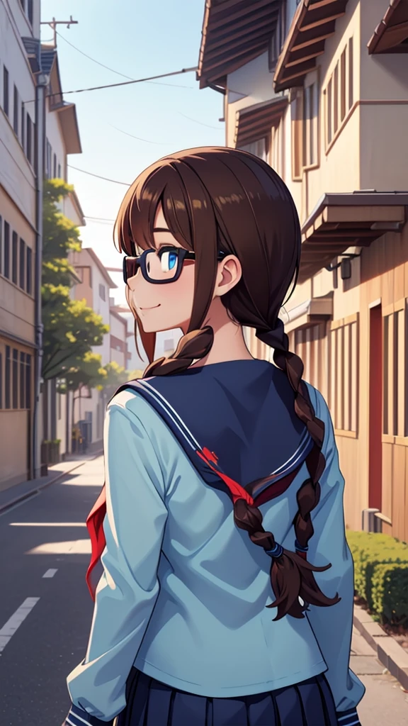 (masterpiece, best quality), 1girl,   defSaki, blue eyes, twin braids, hair over shoulders, glasses, blue shirt, serafuku, neckkerchief, long sleeves, pleated skirt,back view,turn around, all eyes closed,Toothy smile,half body 