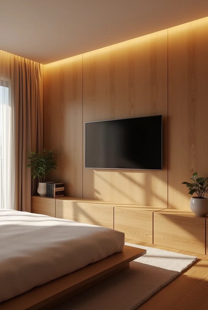 there is a bed with a wooden headboard and a TV on the wall, Room, serene and peaceful style, Ambiente sereno de Room, interior do Room, luxurious environment, realistic physics rendering, luz natural no Room, modern and minimalist, warm ambient light, Soft lighting color scheme, warm interiors, warm interior, interior design