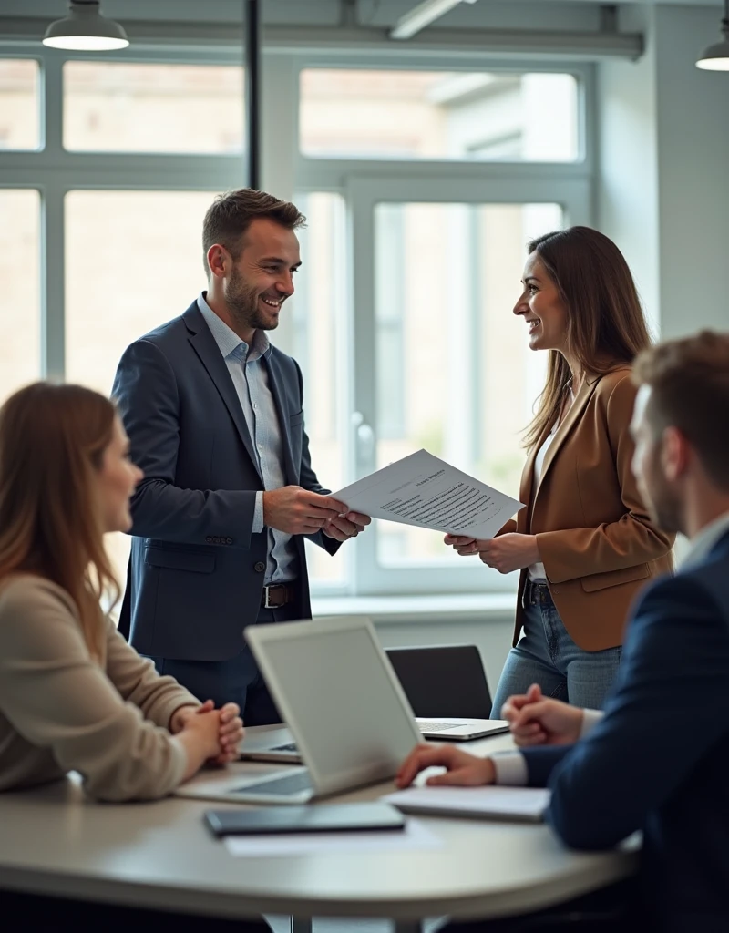 A professional and realistic image showing the process of full support and onboarding to ensure a successful start in fulfillment. The scene depicts a bright, modern office or training room where a group of new employees are being trained. An experienced mentor or HR representative assists new employees by providing training materials, schedules, and instructions. Newcomers are seen interacting with colleagues, receiving support and advice. The atmosphere is friendly and supportive, highlighting the company's focus on successfully integrating new employees into the team.