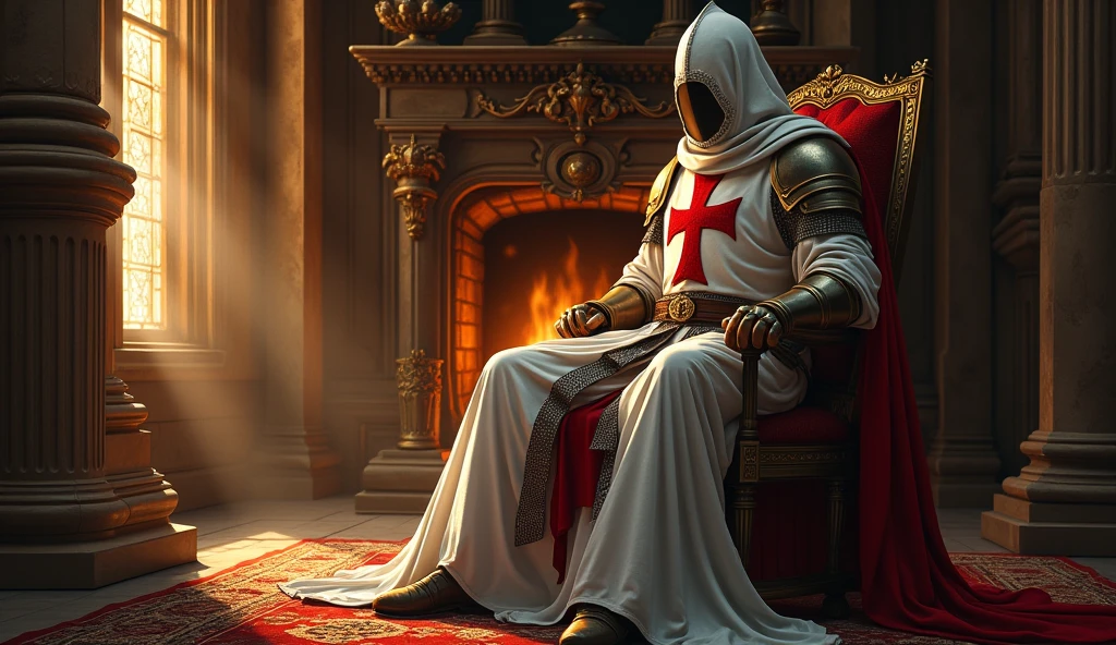 a templar knight with white cloak and red cross on his chest, resting on the fireplace inside a luxurious castle, high quality, artwork,, incredible lighting, illustration, cinematic light:1.1, perfect shading
