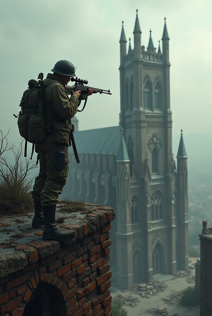 Create a destroyed cathedral with a sniper on a tower with a World War II atmosphere 