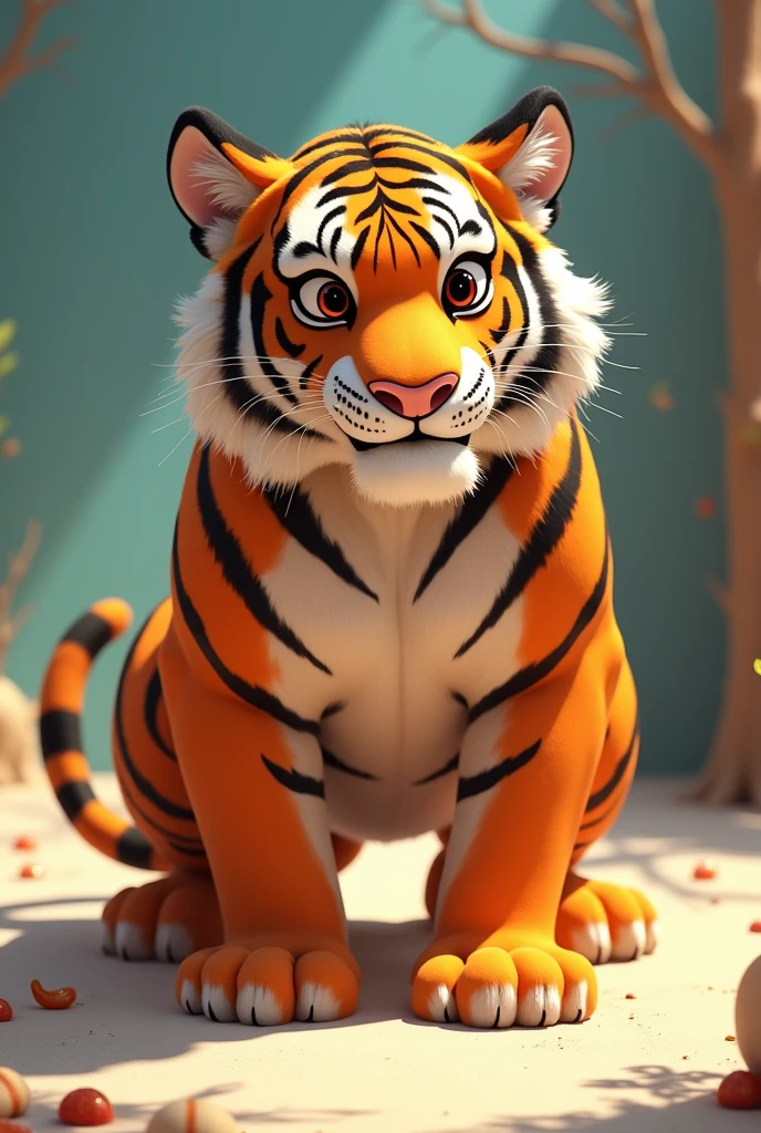 Animation style male tiger wearing transparent plastic high cut shorts touching groun 