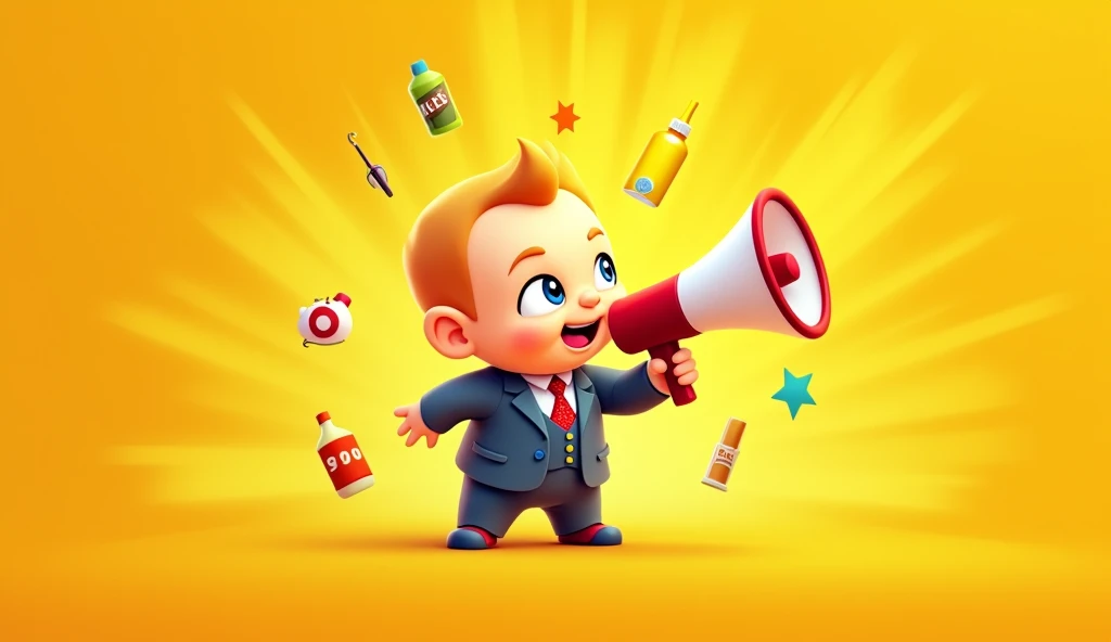 a wallpaper with a baby in a suit with a megaphone, yellow gradient background holding hot products in cartoon
