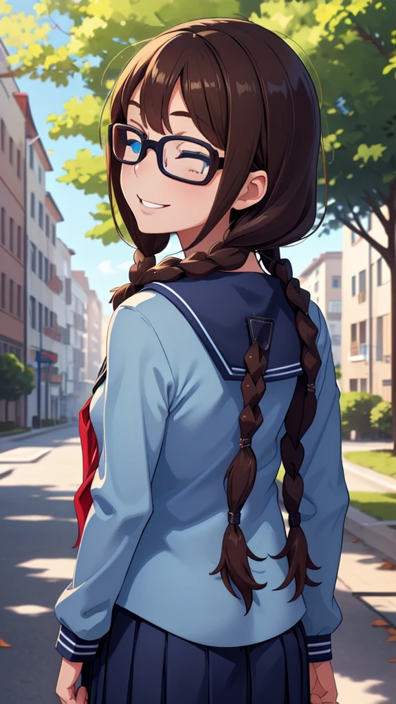 (masterpiece, best quality), 1girl,   defSaki, blue eyes, twin braids, hair over shoulders, glasses, blue shirt, serafuku, neckkerchief, long sleeves, pleated skirt,back view,turn around, all eyes closed,Toothy smile,half body 