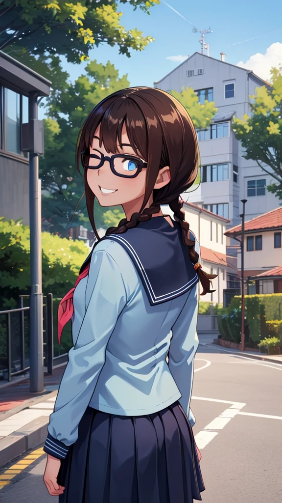 (masterpiece, best quality), 1girl,   defSaki, blue eyes, twin braids, hair over shoulders, glasses, blue shirt, serafuku, neckkerchief, long sleeves, pleated skirt,back view,turn around, all eyes closed,Toothy smile,half body 