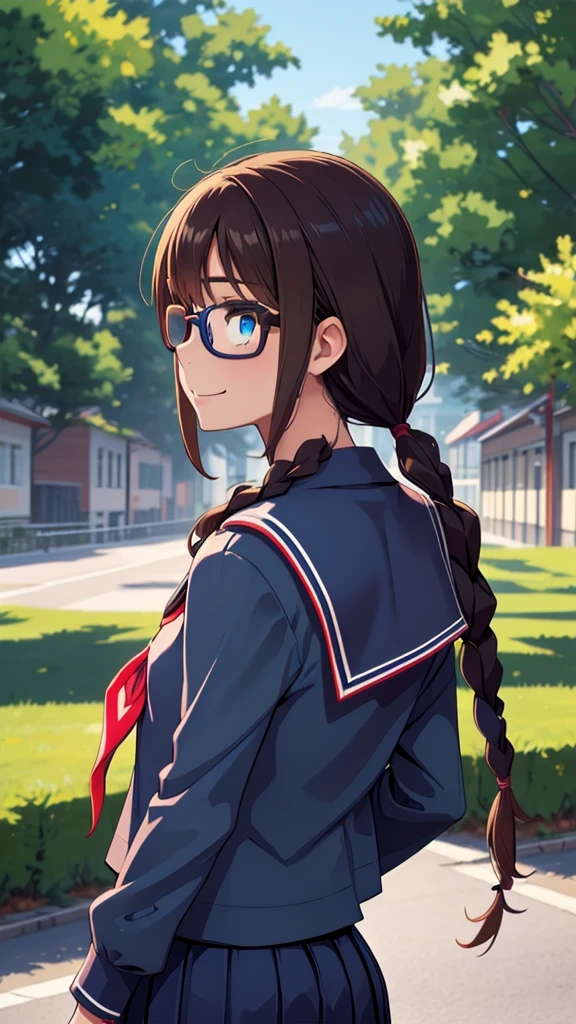 (masterpiece, best quality), 1girl,   defSaki, blue eyes, twin braids, hair over shoulders, glasses, blue shirt, serafuku, neckkerchief, long sleeves, pleated skirt,back view,turn around, all eyes closed,Toothy smile,half body 