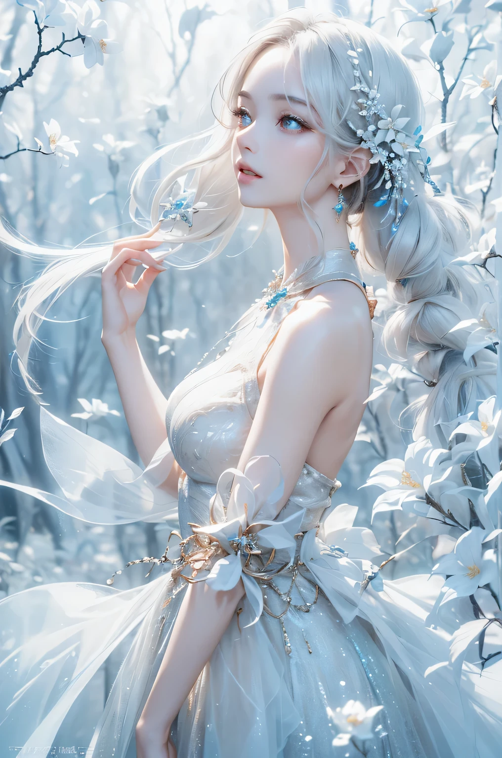 ((From the waist up))((masterpiece:1.5、8k、Portraiture、Photorealistic and very detailed CG、Very detailed、Particle Effects、Dynamic Effects、Written boundary depth、Cinematic Light、Lens flare、Ray Tracing、Tabletop、Realistic:1.4、Ultra-high resolution:1.2、Realistic、Realistic))((alone、woman wearing a halter neck dress:1.4、Model-like pose、medium breasts、Detailed face、brightexpression、young, bright, Whiter skin、Best Looks、Ultimate beauty、Shiny silver hair with highlights:1.8、bright and shiny hair,、Super long, Silky straight hair、Hair swaying in the wind))(Wonderful transparent flowers々Surrounded by、White Background、Great background、Delicate petals fluttering down)