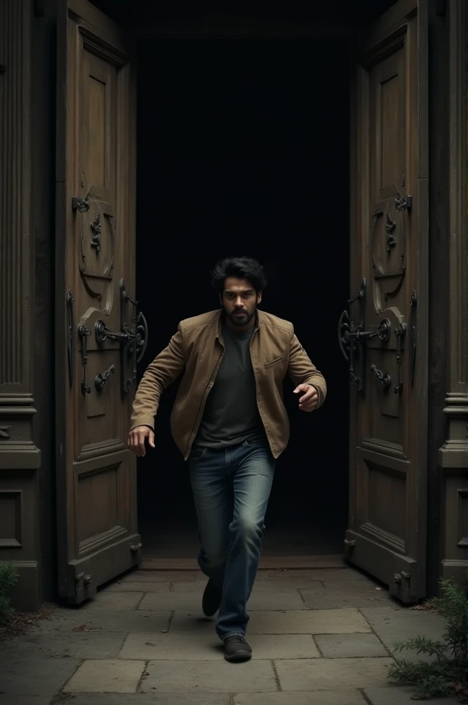The Door Closing
Prompt: Ravi is seen running towards the massive doors of the mansion, which are slamming shut on their own. His expression is filled with panic as he desperately tries to reach the door before it closes completely. The dark interior of the mansion looms behind him, while the door itself appears heavy and ancient, with iron fittings. The scene captures the tension of the moment, as Ravi realizes he may be trapped inside.