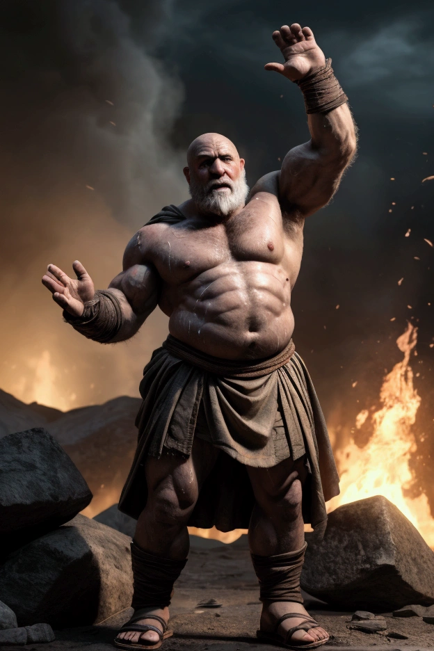 mature man, 5, Roman, strong-willed tired but wise face, gray short beard, bald, muscular but plump body, thick gray hair on a wide muscular, slightly saggy chest and bearish belly, sweaty body, wrinkles, scars, dressed in a Roman skirt legionnaire, mittens, sandals, one hand raised in a welcoming gesture, standing at full height against the backdrop of a distant fire and battle,highly detailed, unreal engine, octane render, volumetric lighting, dark and gritty, chiaroscuro lighting, moody atmosphere, dynamic composition, heroic, (best quality,4k,8k,highres,masterpiece:1.2),ultra-detailed,(realistic,photorealistic,photo-realistic:1.37