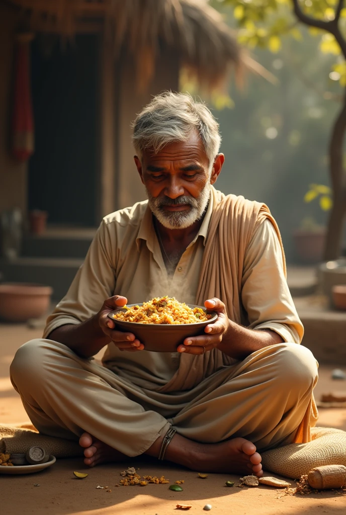 Create a image of a man sitting and eating khichdi  from his hand 