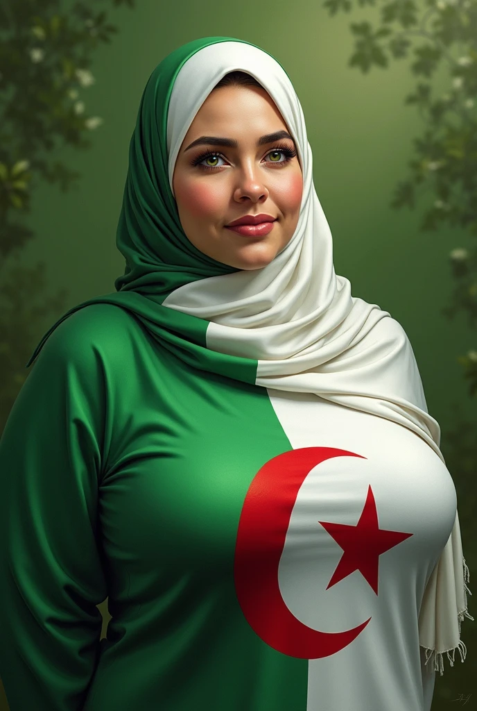 Best quality, high resolution, masterpiece: 1.3), fat woman in hijab, colored with the Algerian flag, half of the hijab is white and green, detailed, wonderful detail, masterpiece,
(Big breasts), beautiful big eyes, green natural background, half portrait