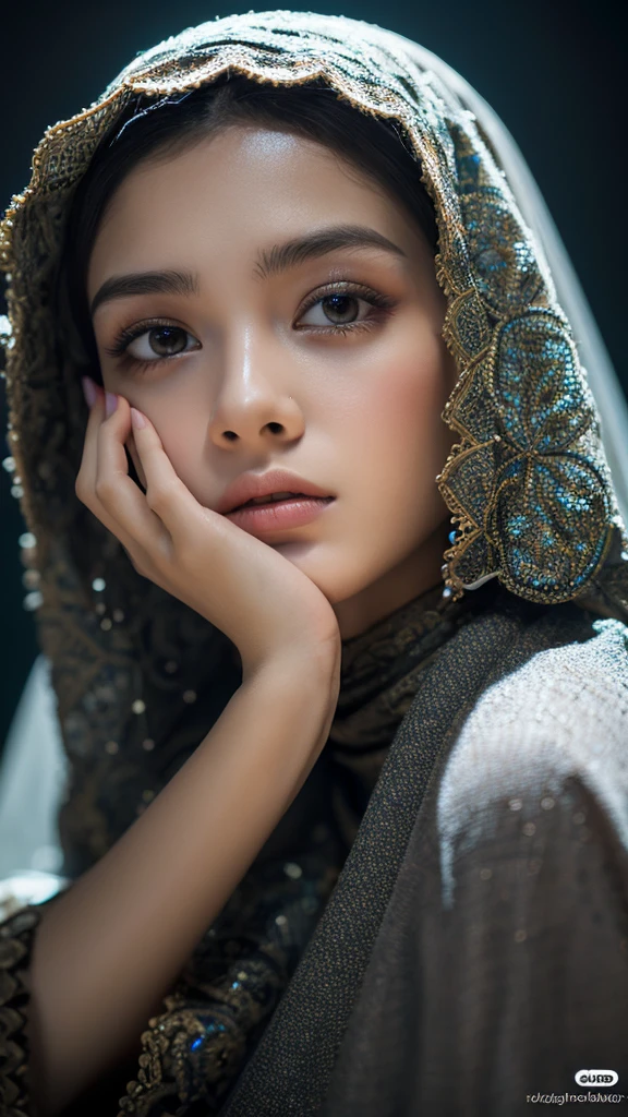 1girl, solo, muslim, sad, covers face with hands, lowers head, beautiful detailed eyes, beautiful detailed lips, extremely detailed face, longeyelashes, photorealistic, hyperrealistic, hyper detailed, ultra-detailed, 8k, 4k, high resolution, realistic studio lighting, volumetric lighting, depth of field, ultra-fine details, masterpiece, exquisite, intricate, cinematic composition, dramatic lighting, somber, melancholic, moody, emotive
