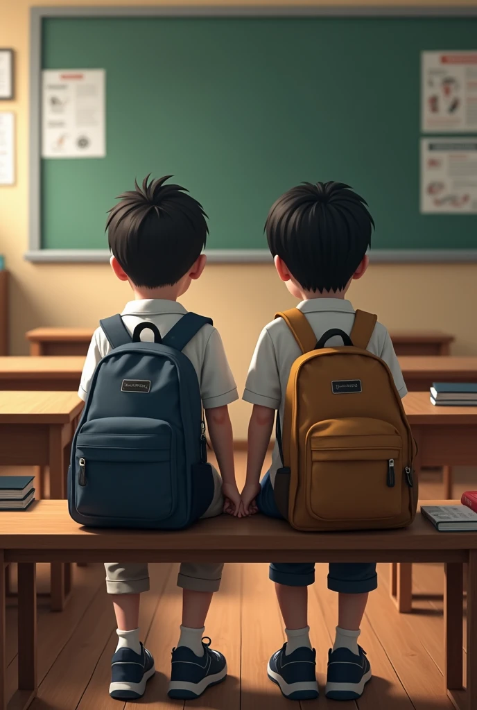 2 student site in class room on the bench and face front side and give me pic back side