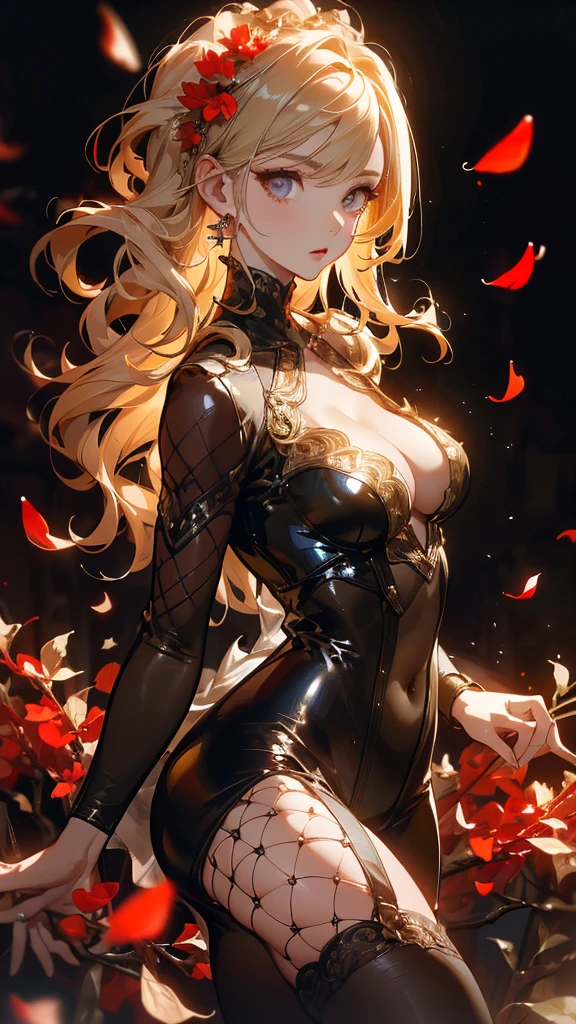 A beautiful woman with slender,Standing in a garden with falling leaves and petals,Wearing a see-through bodysuit、Wearing fishnet stockings,Strike sexy poses,1 girl,Beautiful eye details,Beautiful lip details,extremely detailed face and body,Long hair curly,(Best quality,4K,8k,high resolution,masterpiece:1.2),Ultra-high definition,(lifelike,Photorealism,Photorealism:1.37),HDR,uhd,Studio Lighting,Super Fine,Sharp focus,Physically Based Rendering,Extremely detailed description,major,Vivid colors,Bokeh,portrait。
