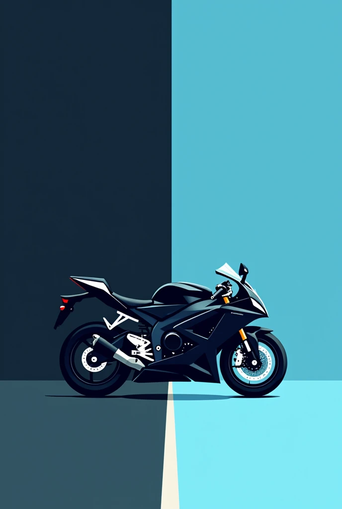 I want an image of a motorcycle in minimalist style, divided vertically into two colors. The motorcycle must be black with light blue details., and the background should be divided into black on the left and light blue on the right. The illustration must have a flat and simplified design, without realistic details