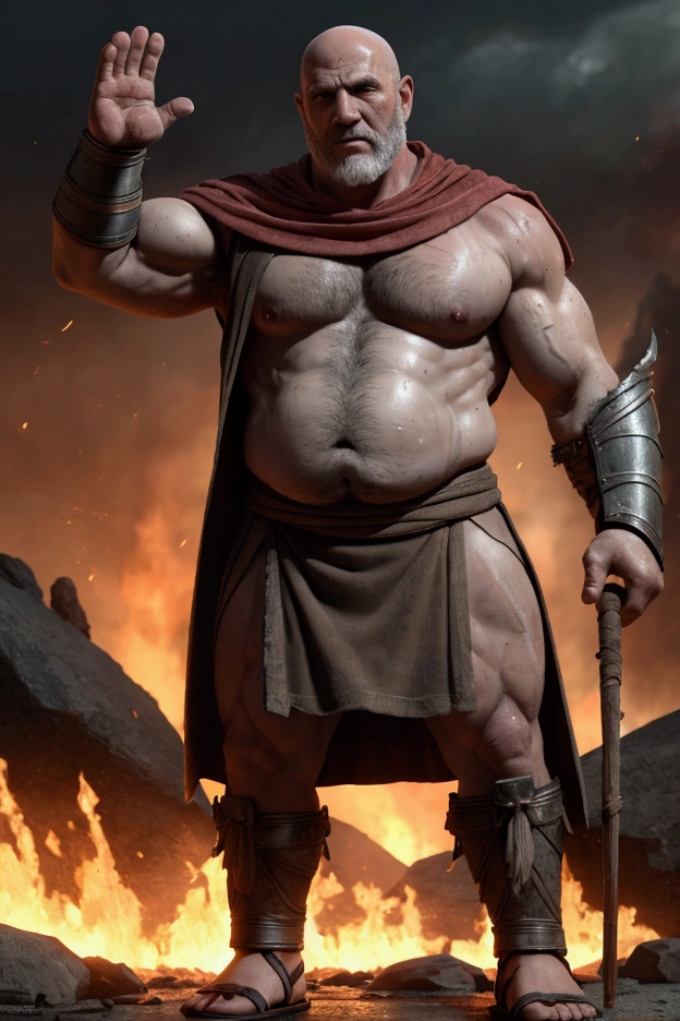 mature man, 5, Roman, strong-willed tired but wise face, gray short beard, bald, muscular but plump body, thick gray hair on a wide muscular, slightly saggy chest and bearish belly, sweaty body, wrinkles, scars, dressed in a Roman skirt legionnaire, mittens, sandals, one hand raised in a welcoming gesture, standing at full height against the backdrop of a distant fire and battle,highly detailed, unreal engine, octane render, volumetric lighting, dark and gritty, chiaroscuro lighting, moody atmosphere, dynamic composition, heroic, (best quality,4k,8k,highres,masterpiece:1.2),ultra-detailed,(realistic,photorealistic,photo-realistic:1.37