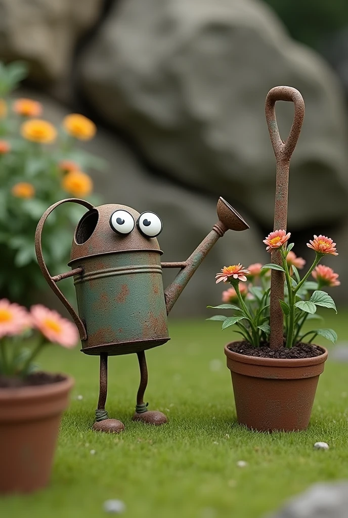 A photo of old, tree watering container with eyes standing and staring. The tree watering can are placed on a greeny ground. There are shovel with eyes standing and staring, a pot of flowers The background is blurred, showing a rocky terrain. The lighting is soft.

