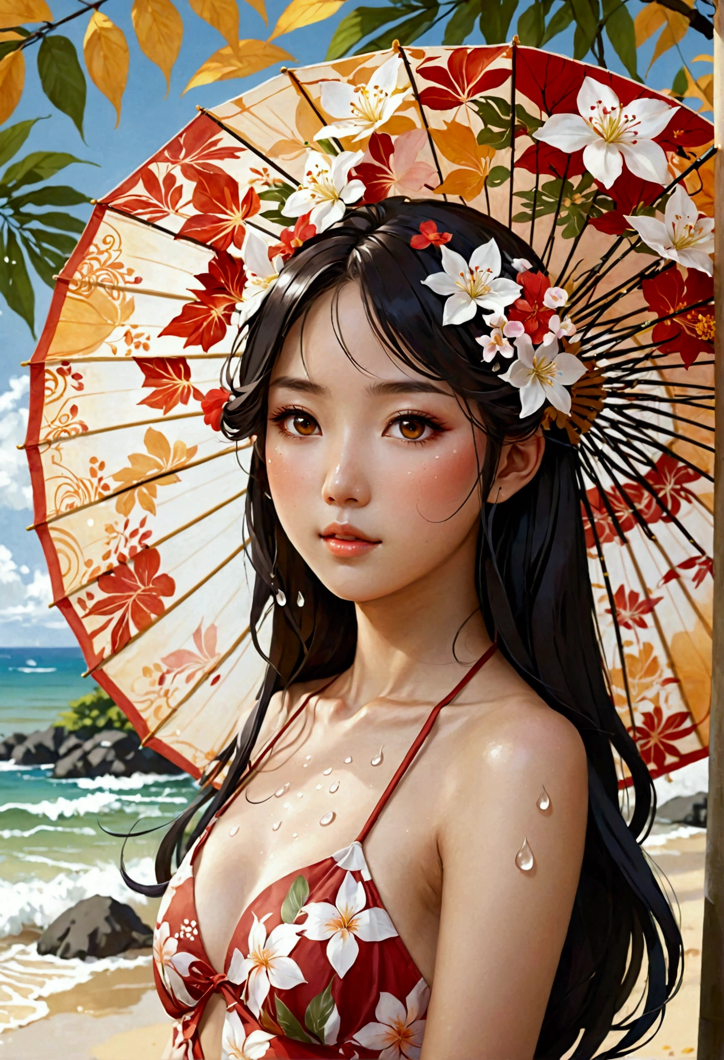 Create an anime-style illustration of a young Japanese woman in a summer beach setting. The character should have long, flowing dark hair adorned with a lush floral crown featuring large white blossoms, red leaves, and delicate pink flowers. Her expression should be serene and alluring, with warm amber eyes and softly blushing cheeks. Dress her in a red floral bikini top with intricate golden patterns. She should be holding a traditional oil-paper umbrella with elaborate designs in shades of orange and red. The background should feature stylized circular motifs suggesting dappled sunlight through leaves. Use a warm color palette dominated by oranges, reds, and soft yellows, contrasting with the character's fair skin. Employ soft, airbrushed shading techniques to create a dreamy, ethereal atmosphere. Add delicate details like water droplets on the skin, the texture of the flowers, and the intricate patterns on the umbrella and swimwear. Include subtle elements like floating petals or butterflies to enhance the summer theme. The overall composition should evoke a sense of serene beauty and the warmth of a summer day, blending traditional Japanese aesthetics with modern anime style.