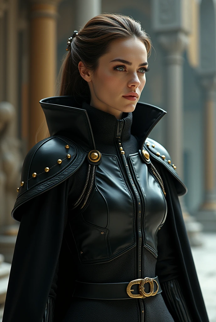 a half body portrait of a woman wearing a medieval hardened thick black leather, beautiful elegant queen, cgsociety 9, still from the movie depicted as a scifi scene