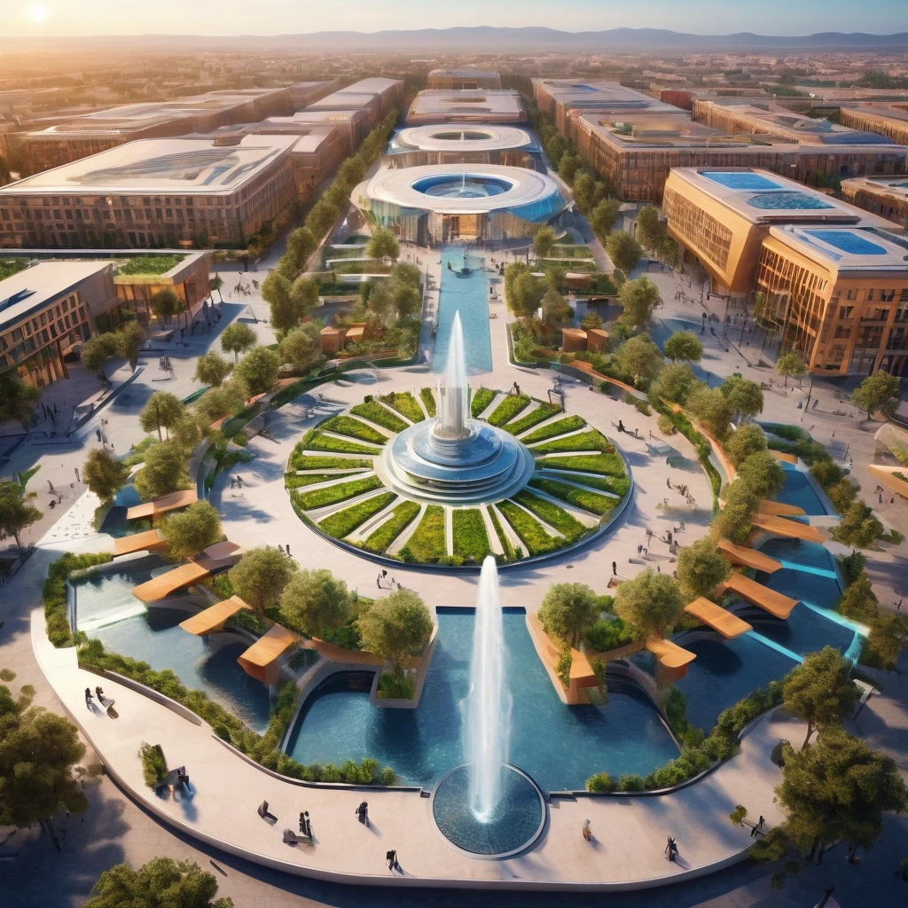 Complex of three structures surrounding a plaza with a fountain in the middle, futuristic design, eco style, aerial view, Soft lighting, Very detailed,HD,8k