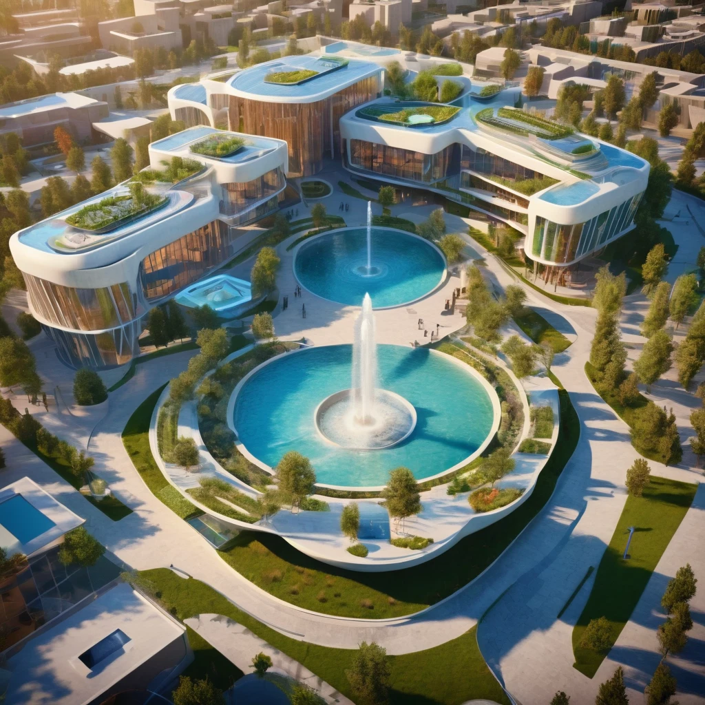 Complex of three structures surrounding a plaza with a fountain in the middle, futuristic design, eco style, aerial view, Soft lighting, Very detailed,HD,8k