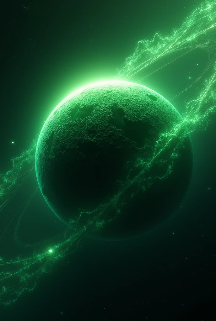 A Pluto-like planet, only green, just the planet in space with a bunch of lines passing behind it from the upper right corner to the lower left corner and below in front a bunch of lines from the lower right side to the lower left side without mountains.