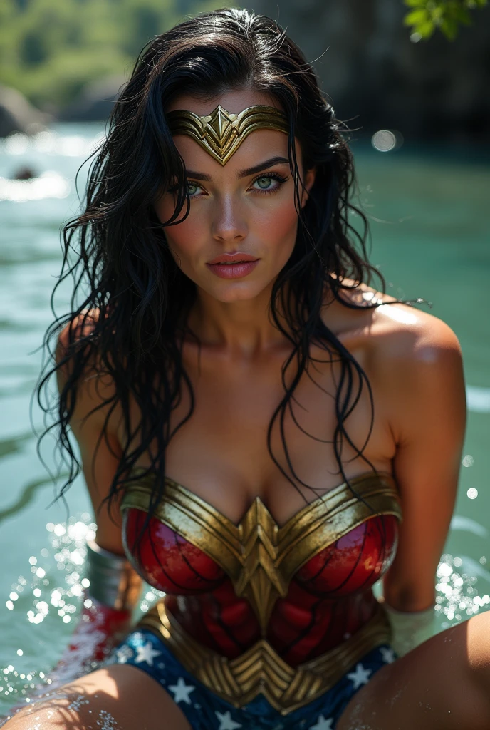 Best quality, Masterpiece, Ultra High Resolution, (Fidelity:1.2), (Realistic:1.3), Close-up portrait of a Wonder Woman bathing in a river, (realistic humid skin:1.6), (soaked:1.4), (detailed skin), (wet skin), sweating, (wet body), dynamic pose, wet long hair, sexy, black, (wet), beautiful feminine face, wet, dripping, Wearing Wonder Woman costume, sweating_profusely, sweating, sweating_drop, determined, serious, Wonder Woman, (Intricate Details, Makeup), (Delicate and Beautiful Delicate Face, Delicate and Beautiful Delicate Eyes, Face with Perfect Proportions), (Realistically wet Skin:0.8), Delicate Skin, Strong and Realistic Blue Eyes, Realistic Black Hair, Lips, Makeup, Natural Skin Texture, tiara, red and gold bustier, blue leotard with white stars, silver bracelets, (Red knee high boots:1.2), golden belt, (Wonder Woman clothing:1.1), bare shoulders, ((light tanned skin:0.8)), mature, sexy, elastic muscles, (muscles:1.2), ((strong and healthy body)), ((((more) muscles))), long legs, curves, (big breasts:1.3), thin waist, soft waist, (delicate skin), (beautiful and sexy woman), (swollen lips:0.9), (eyelashes:1.2), (long wavy black hair:1.1), feminine, detailed body, (detailed face:1.1), perfect body, perfect anatomy, perfect details, perfect fingers, Perfect limbs, thigh gap, mature, sexy, thick thighs, wide buttocks, (Sexually sedentary), wet, very delicate muscles, whole body, wet, very delicate muscles, lotus, (backlight), realistic, masterpiece, top quality, lens flare, shadow, bloom, [[color difference]], digital painting,