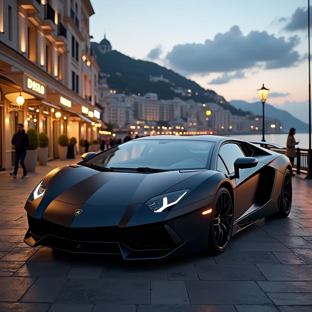 Matt black Lamborghini parked in Montecarlo in evening, Nikon photography