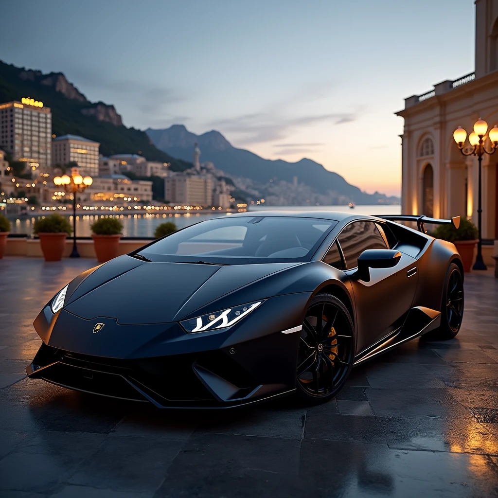 Matt black Lamborghini parked in Montecarlo in evening, Nikon photography